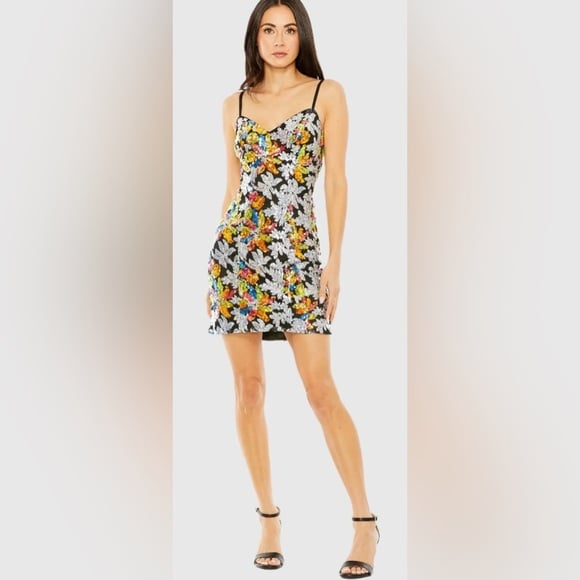 NWT Mac Duggal Black Sequined Floral Detail Mini Dress - 26867