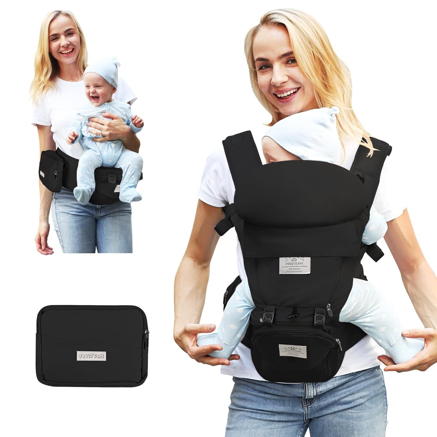 Baby Carrier with Hip Seat 6-in-1 Baby Carrier W/ Head Support Safety-Certifi ed