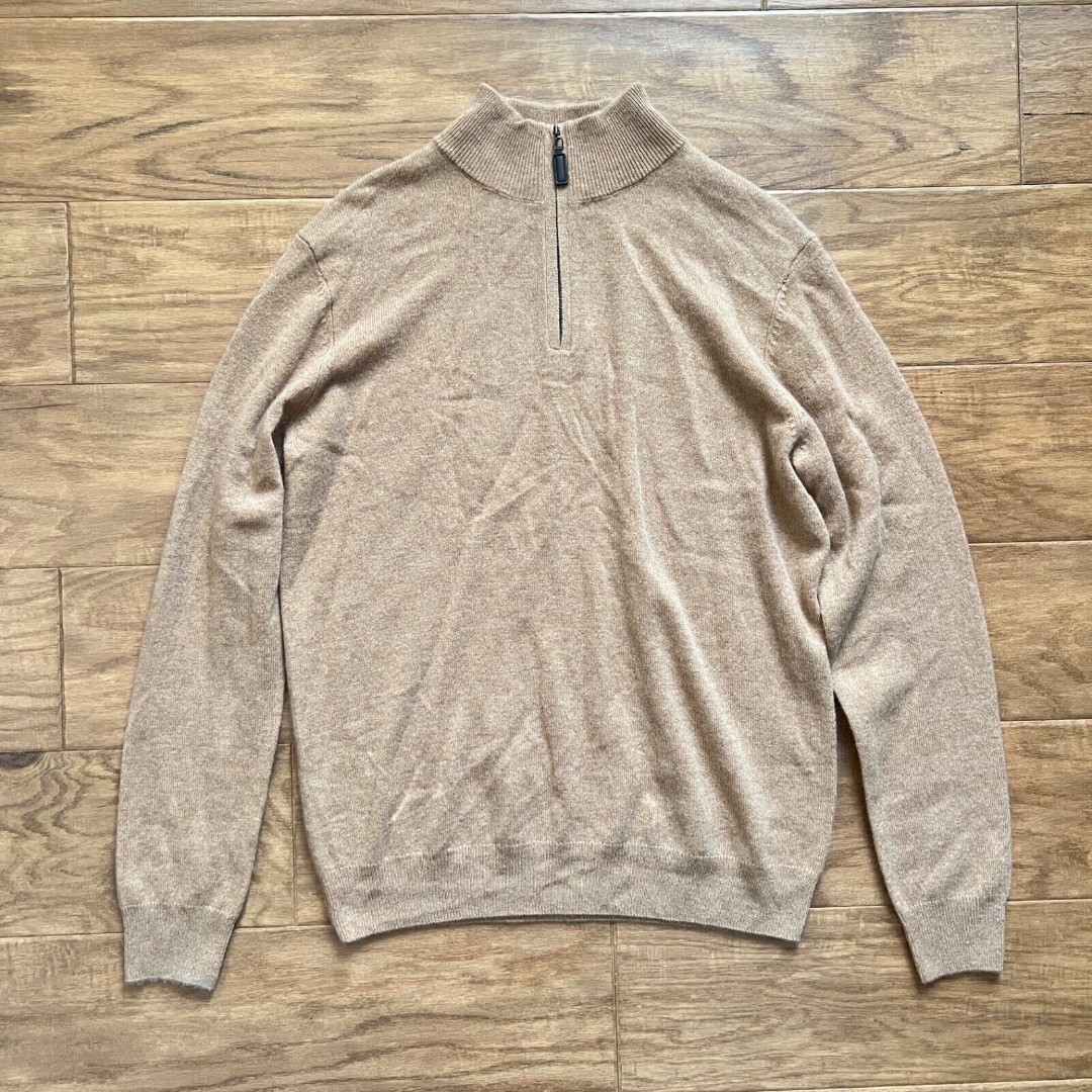 Daniel Hechter Paris 1/4 Zip Sweater Pullover Size L 100% 2-Ply Cashmere Tan