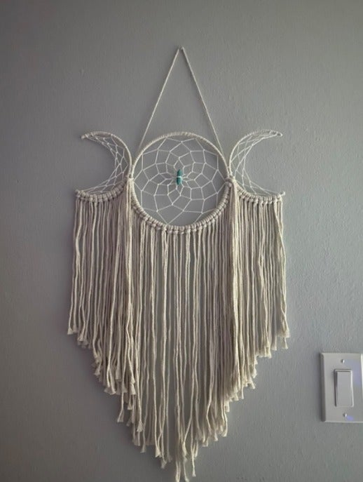 Triple Moon Goddess Macrame Woven Wall Hanging, Boho Half Moon Large Dream Catch
