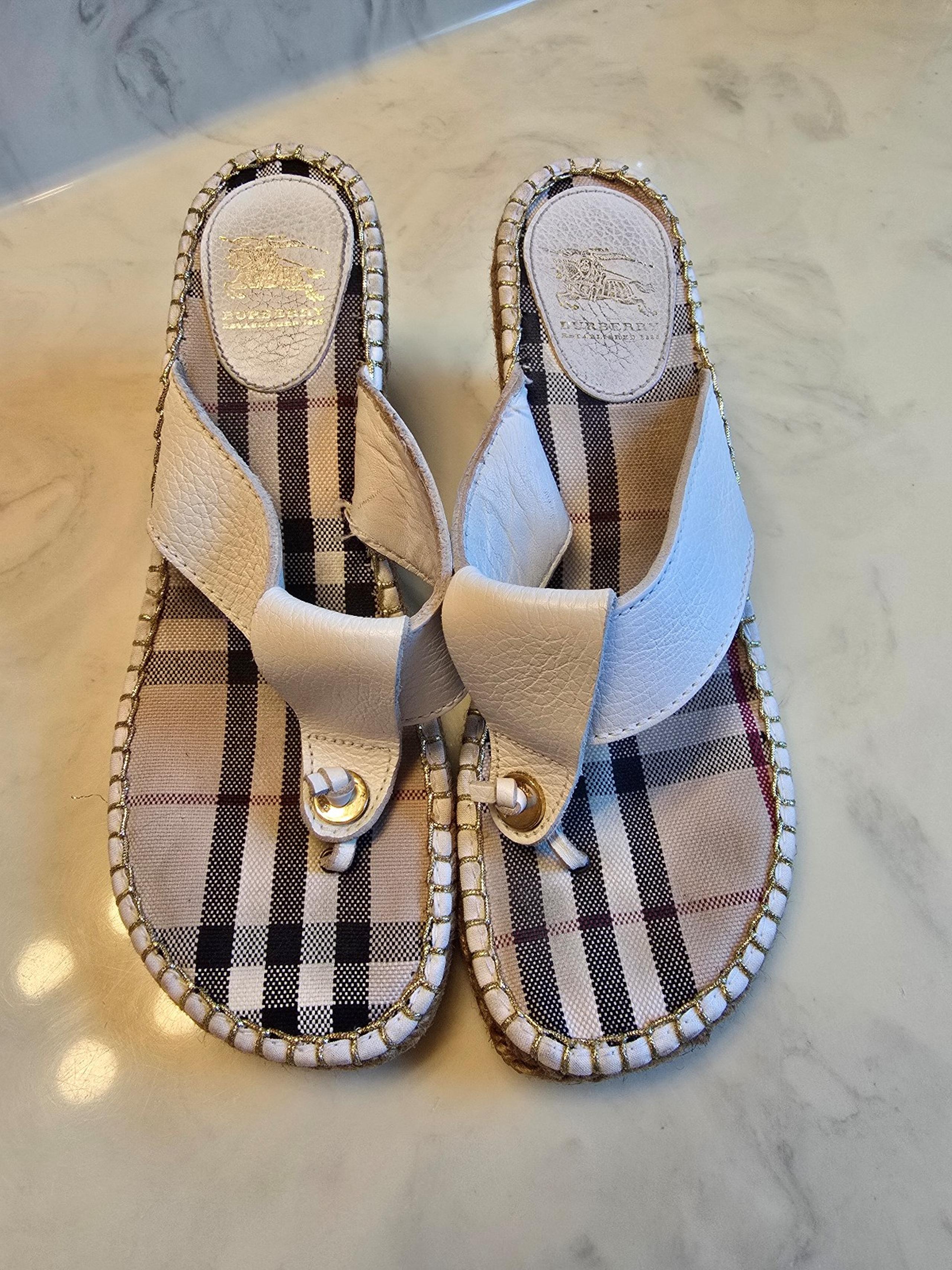 Burberry White Leather Espadrille Thong Wedge Sandals Size 40
