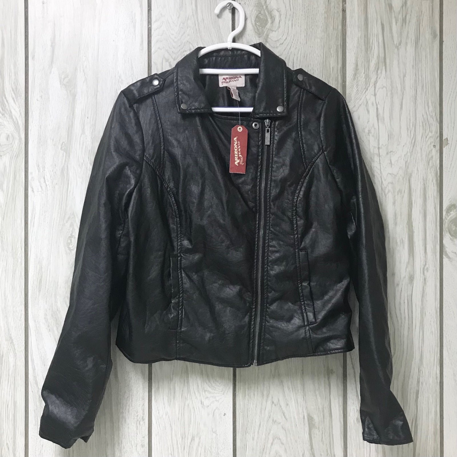 Arizona Jean Women Black Faux Leather Asymmetrical Full Zip Motorcycle Jacket L