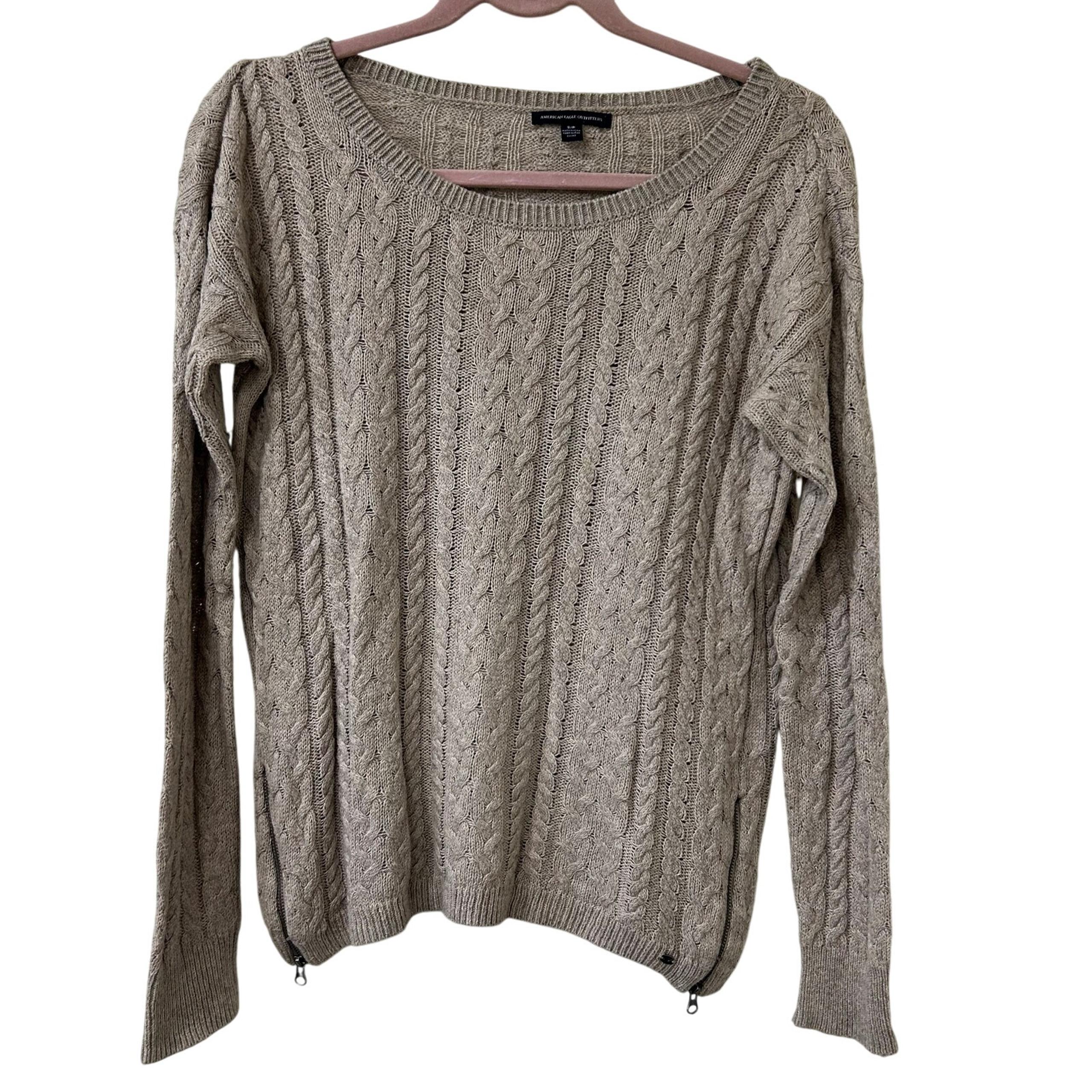 American Eagle Womens Sz Small Tan Cableknit Fitted Sweater Academia Preppy Y2K