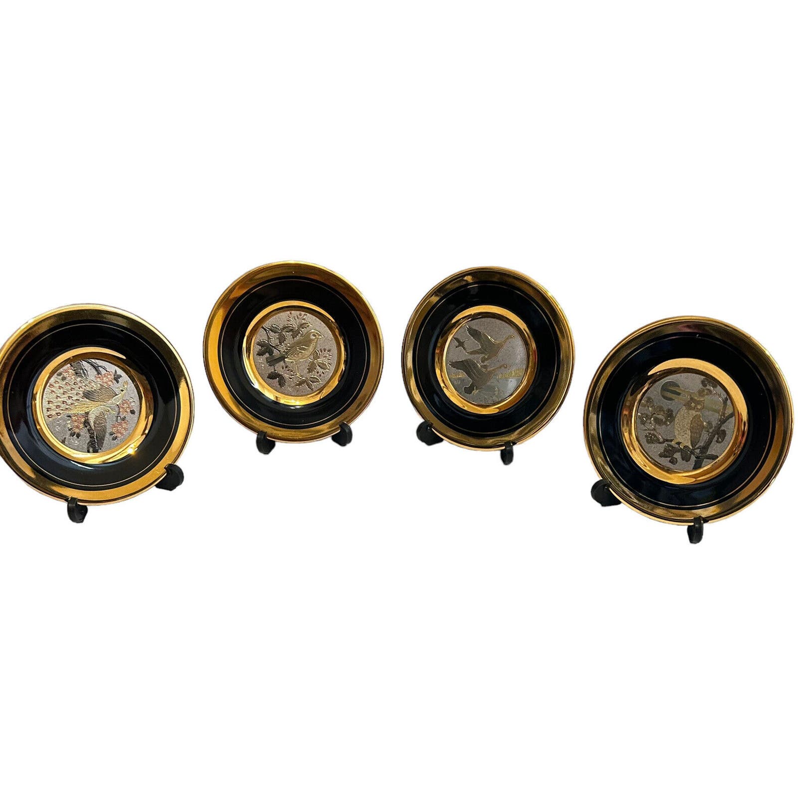 Vintage Chokin Bird Plates Coasters Set 4 Peacock Owl Geese 24K Gold Trim Black