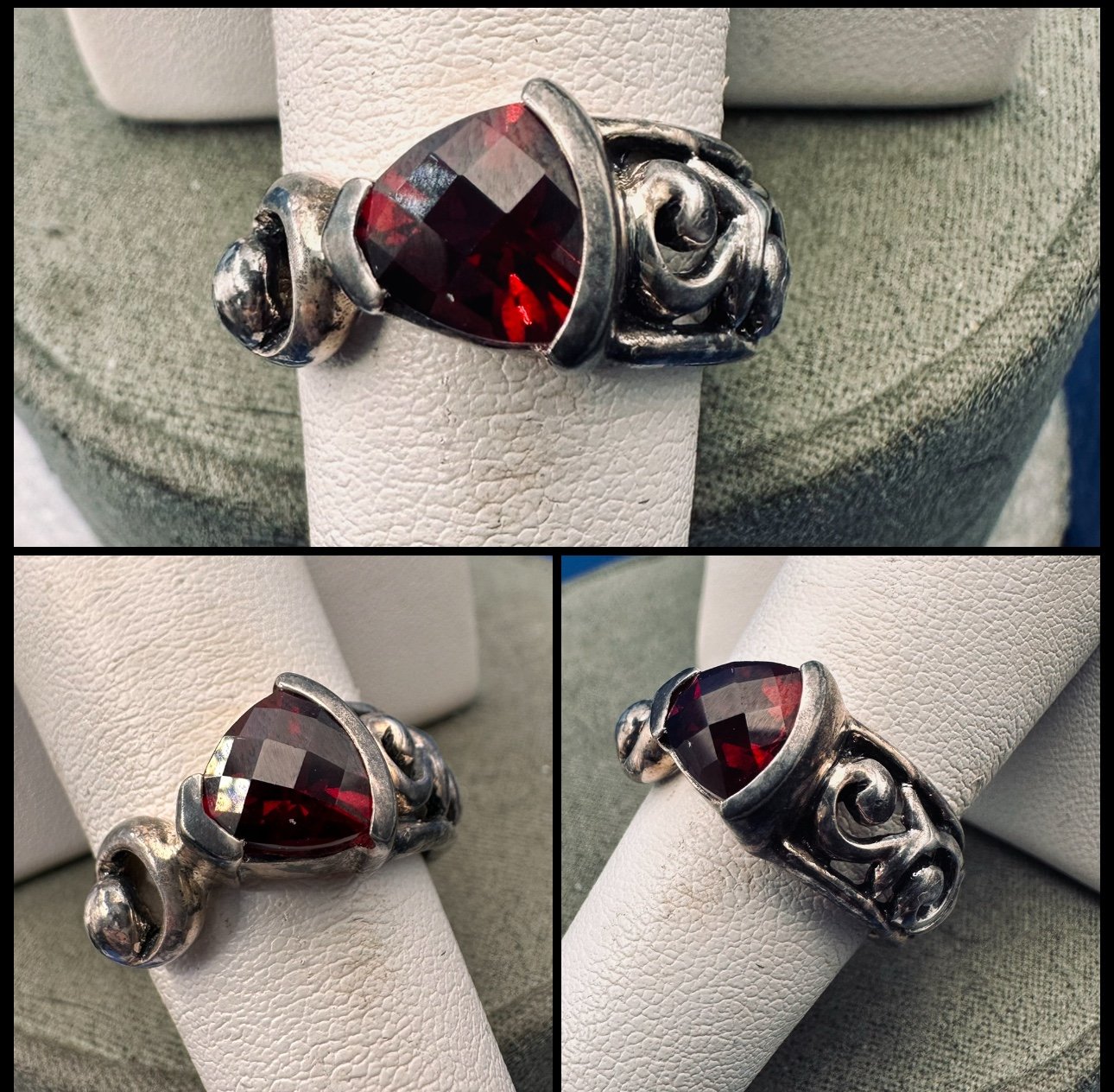 Vintage Sterling Garnet Gemstone Open filigree style Unique Ring