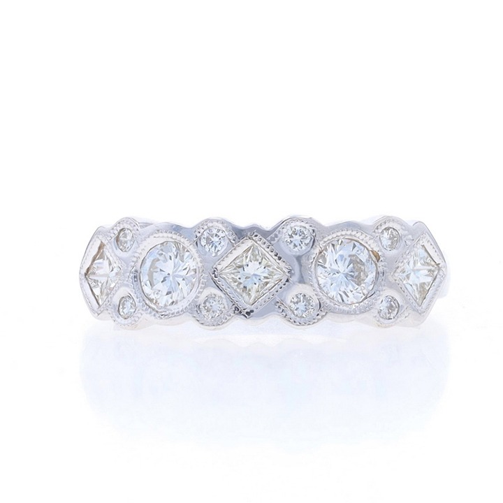 White Gold Diamond Cluster Band - 14k Round & Princess .73ctw Five-Stone V2517