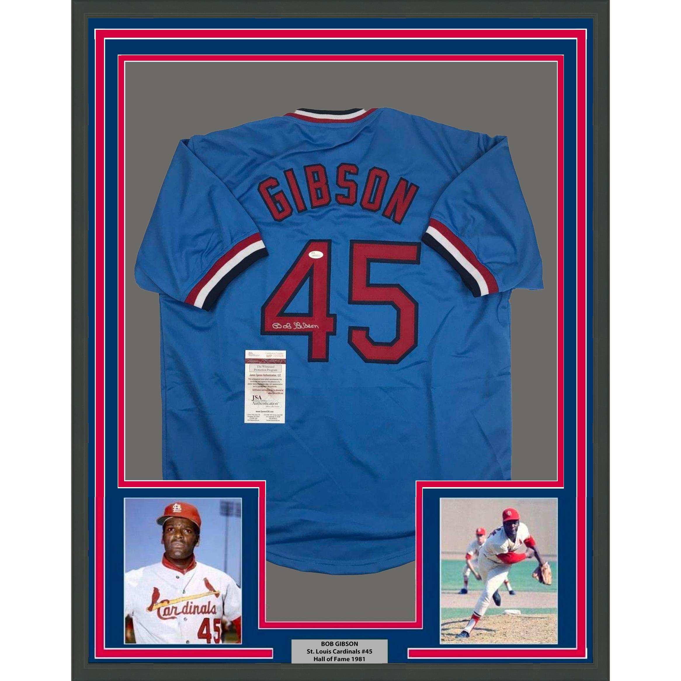 Framed Autographed/Signed Bob Gibson 35x39 St. Louis Blue Jersey JSA COA