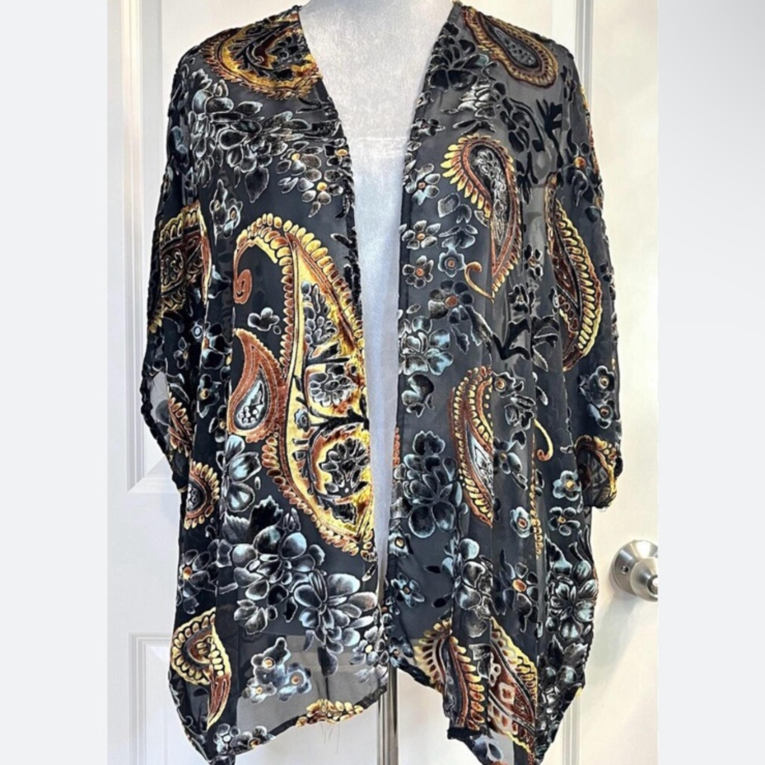Umgee black velvet burnout Paisley Open Front Kimono Bohemian Cardigan Duster