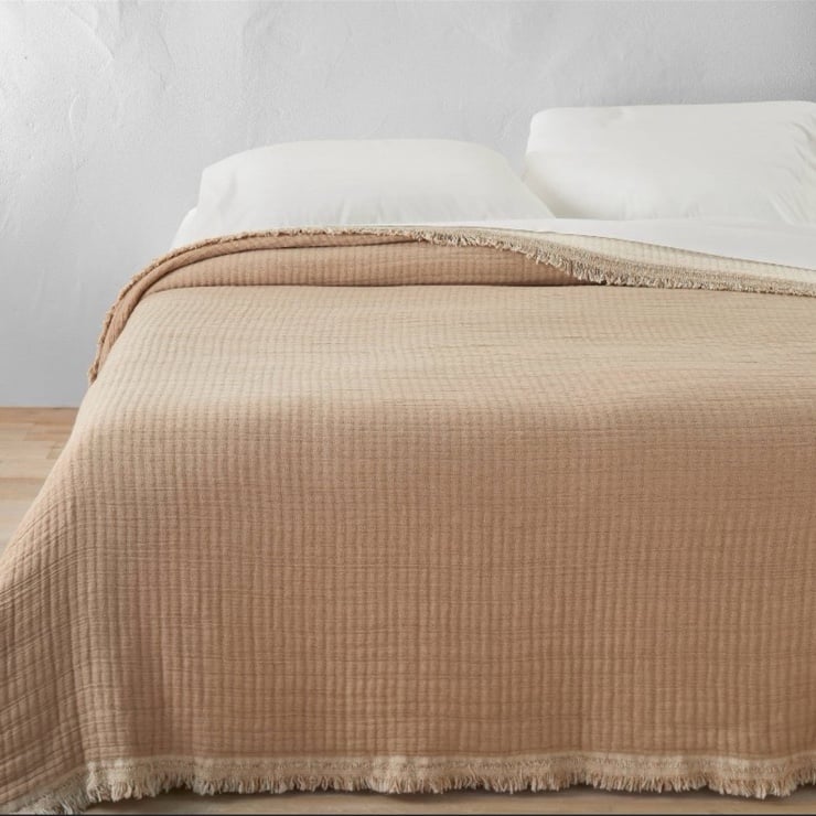 Queen Reversible Textured Cotton Chambray Coverlet Natural/Warm Brown- Casaluna