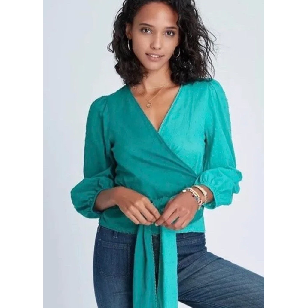 NEW Farm Rio Anthropologie Color Block Wrap Blouse Size Large Green Eyelet 128