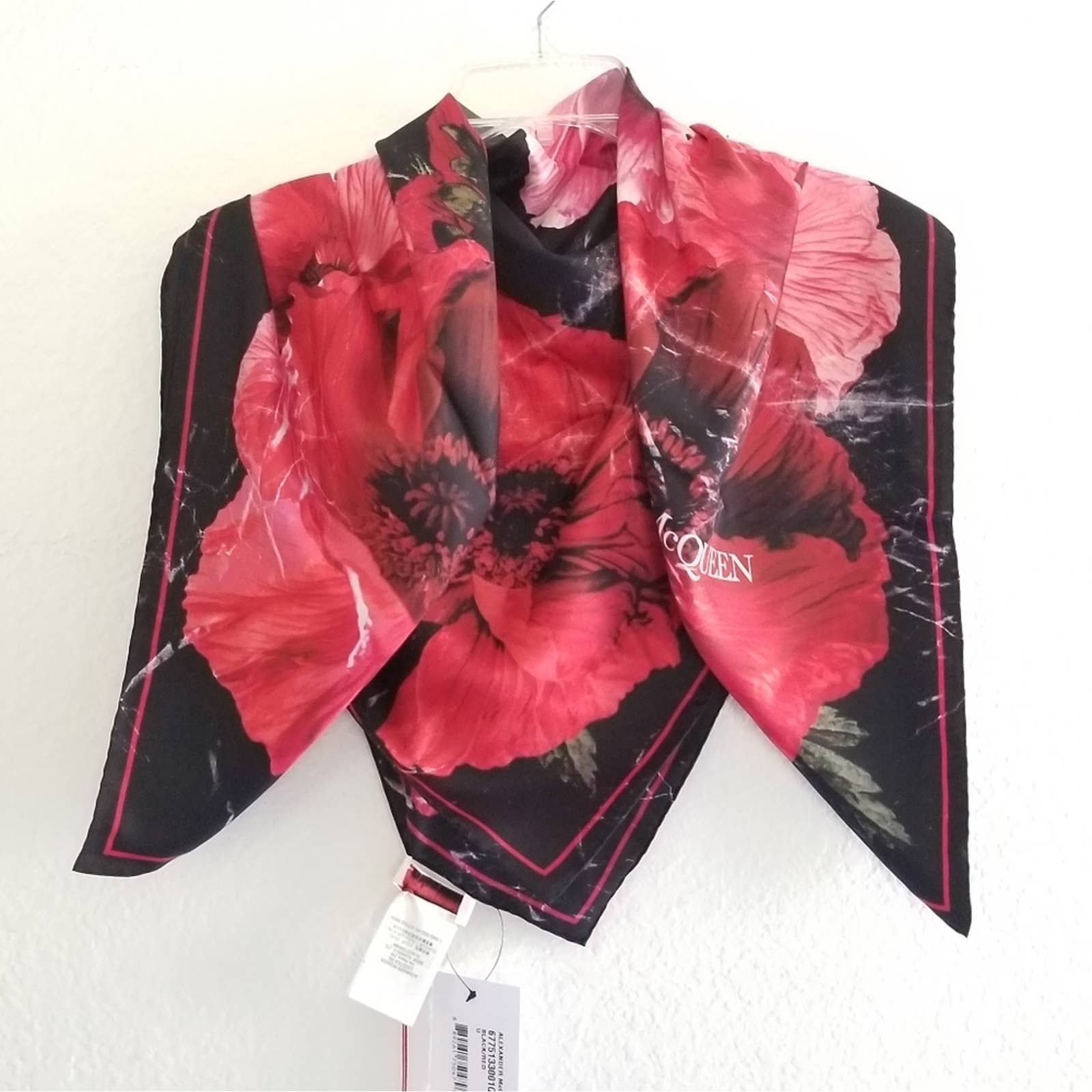 Alexander McQueen Poppy Floral Silk Square Scarf Black Red