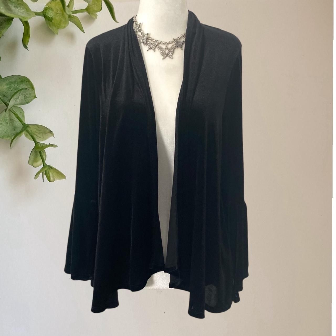 Vintage Made in USA Whimsygoth Open Front Black Velvet Bell Sleeve Cardigan M
