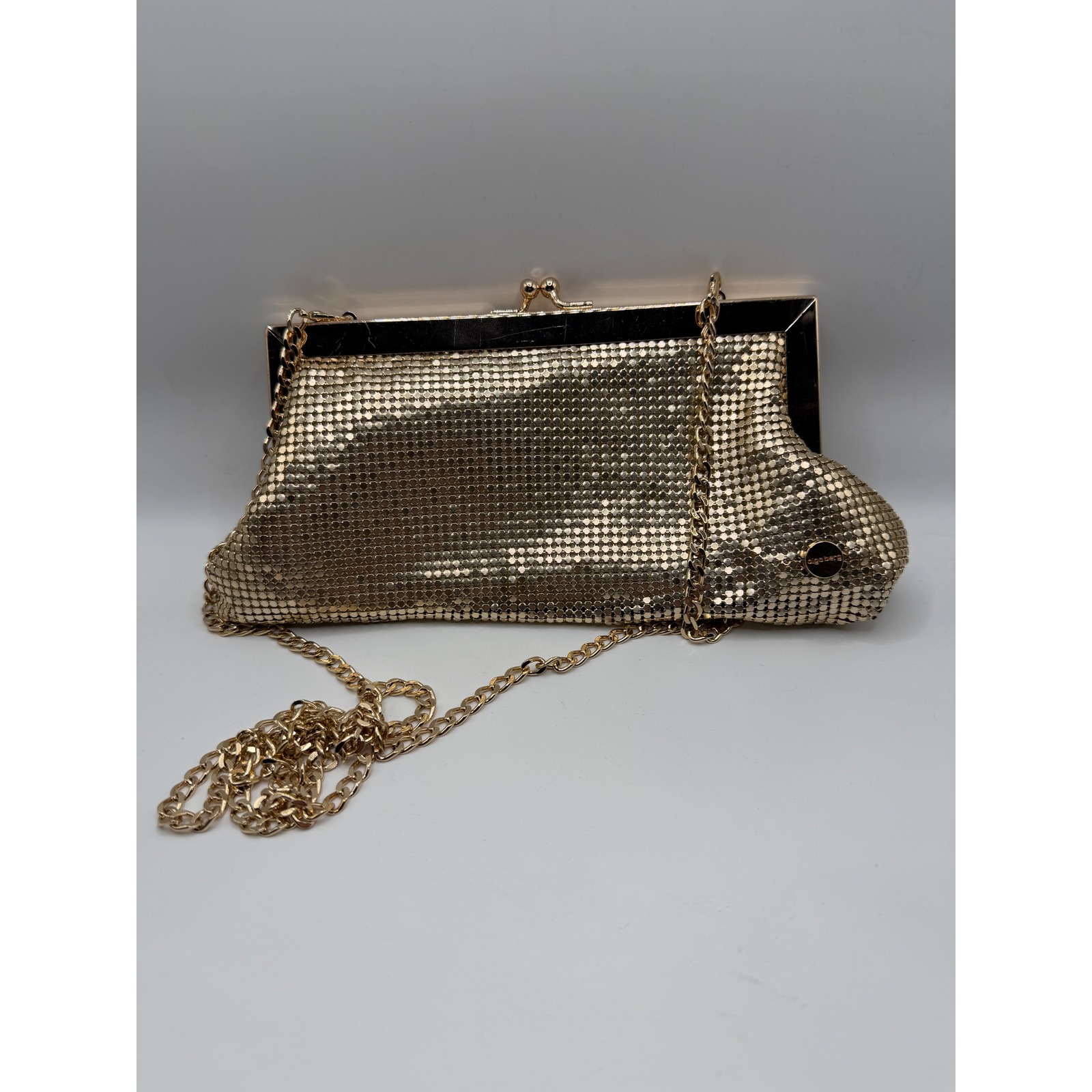 Olga berg Gold Mesh Evening Clutch Bag Chain Strap Kiss Lock Evening Bag