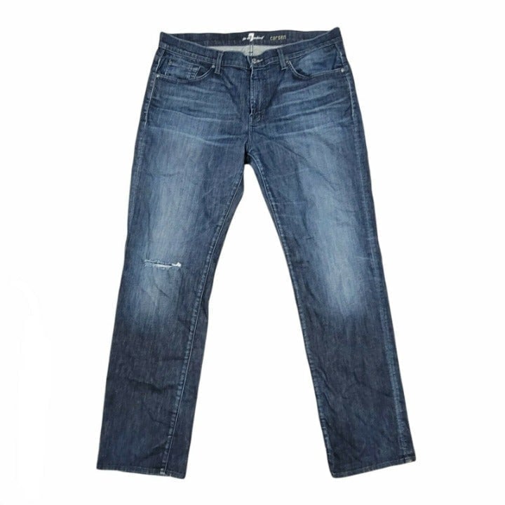 7 For All Mankind Carsen Mens 38X34 Straight Leg Dark Wash Jeans Torn Knee