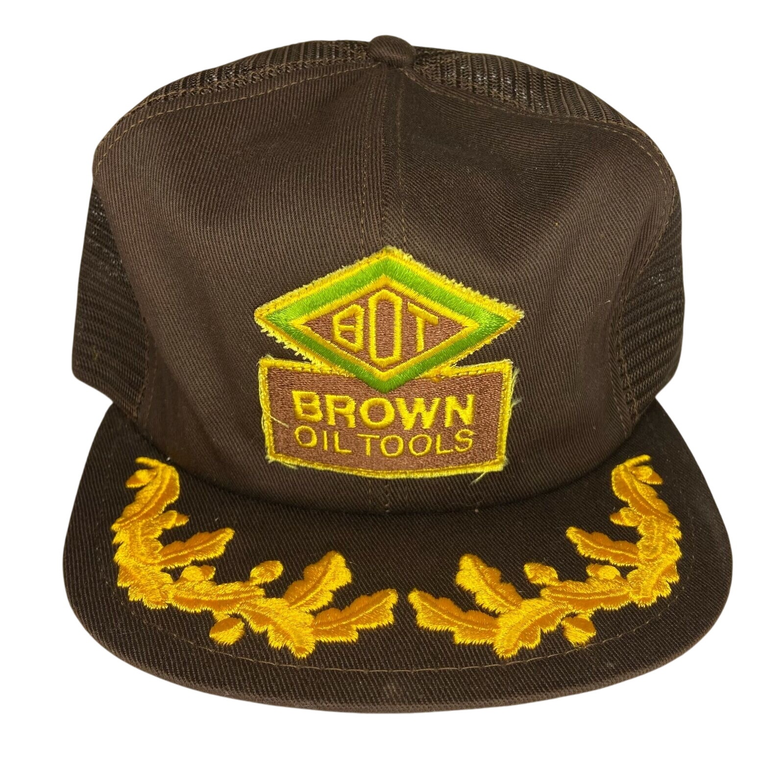 Vintage K Products Brown Oil Tools Patch Gold Leaf Mesh Snapback Trucker Hat