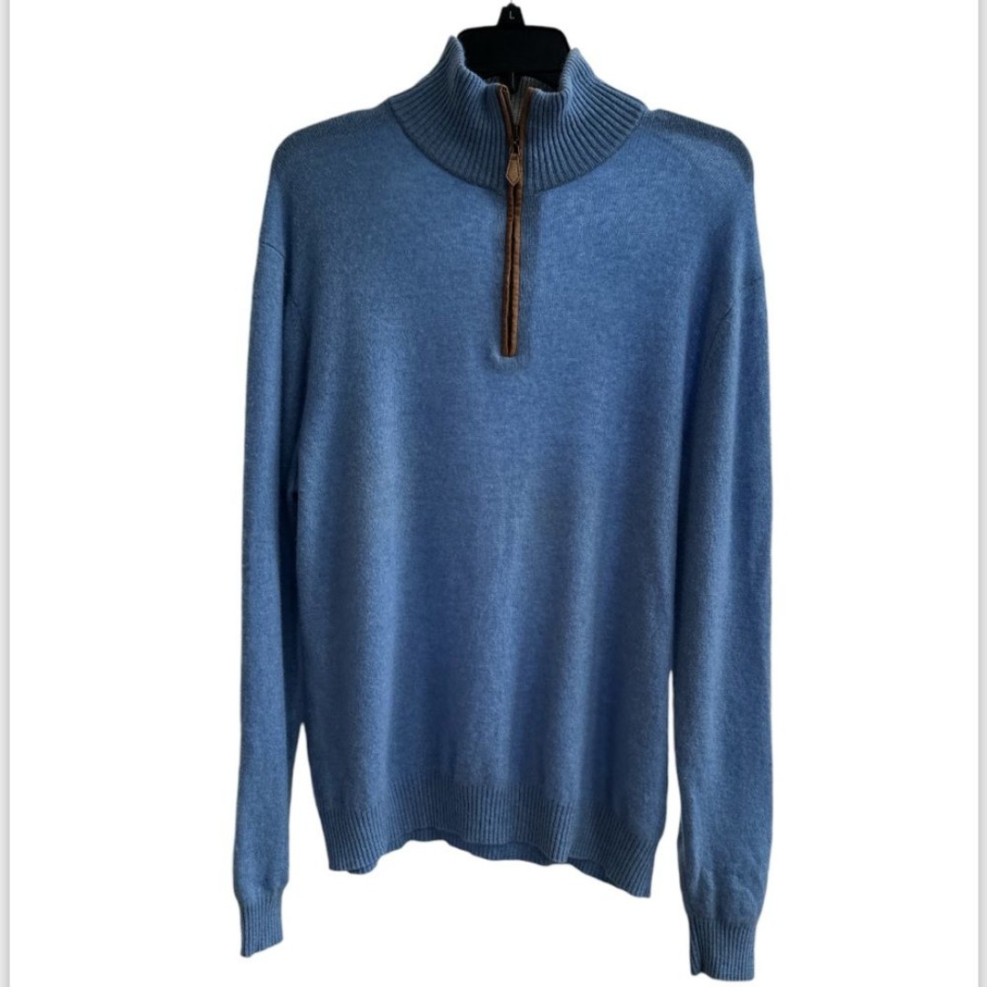 Alan Flusser Men's 1/4 Zipper 100% Pure Cashmere Sweater. Size XL Blue & tan