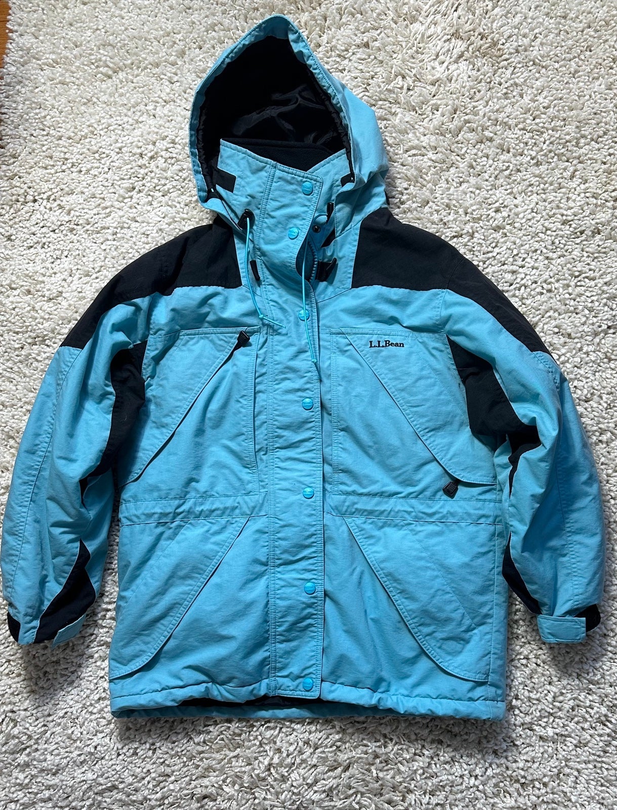 Women’s LL Bean Blue Black Winter Parka S P SP Small Petite Hooded Jacket