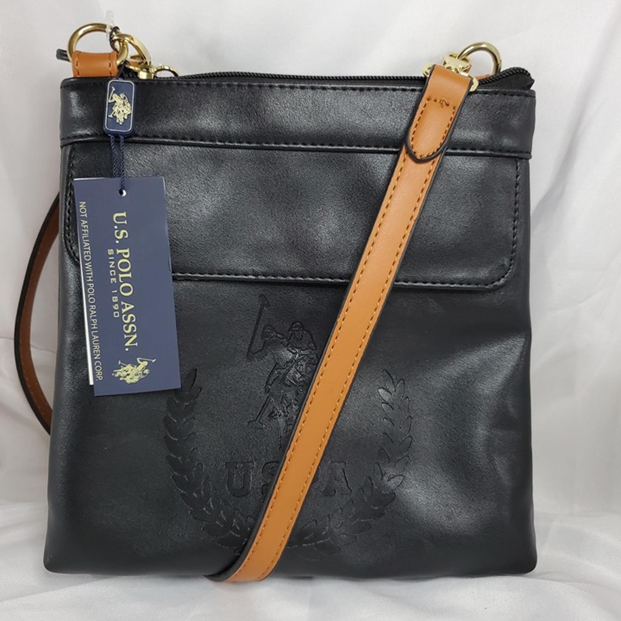 U.S. Polo Assn. Black & Tan Crossbody Bag Purse Embossed Logo & Adjustable Strap