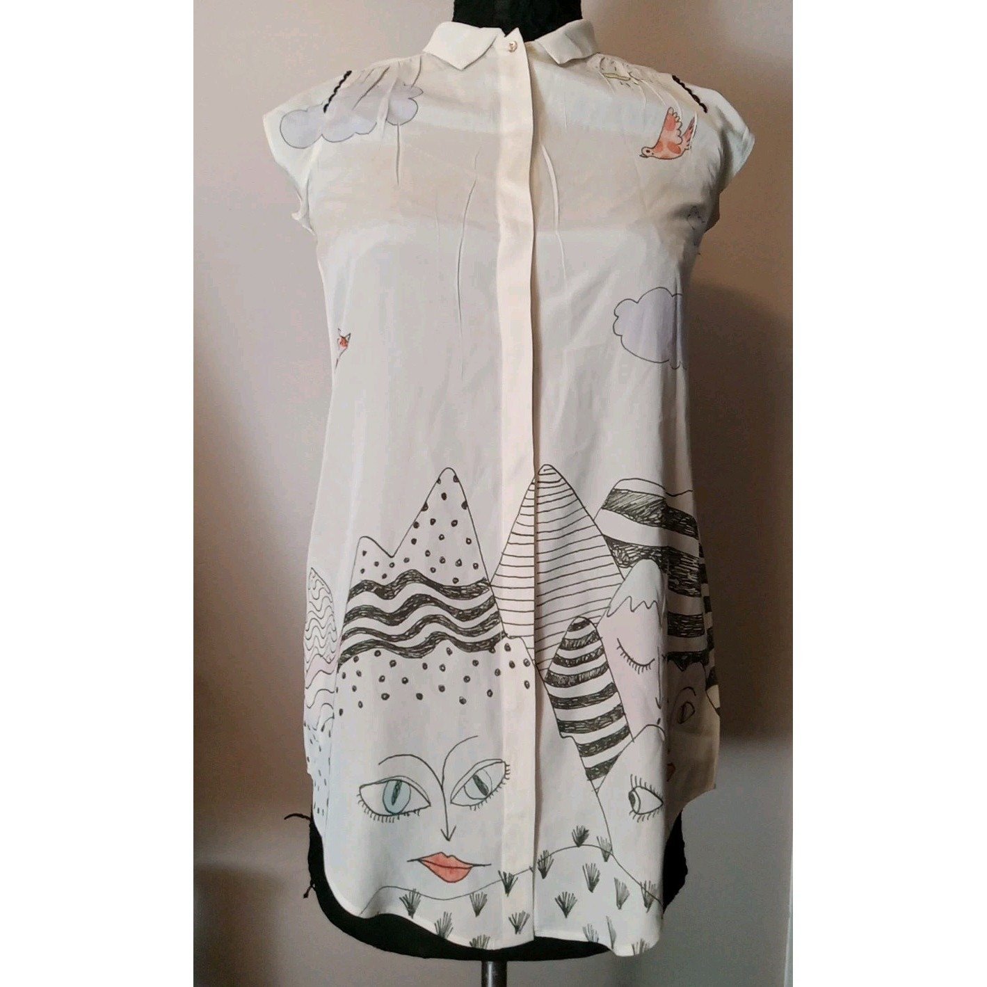 Cotelac Women Ivory Multicolor Fantasy Landscape Print Button Down Tunic Size 0