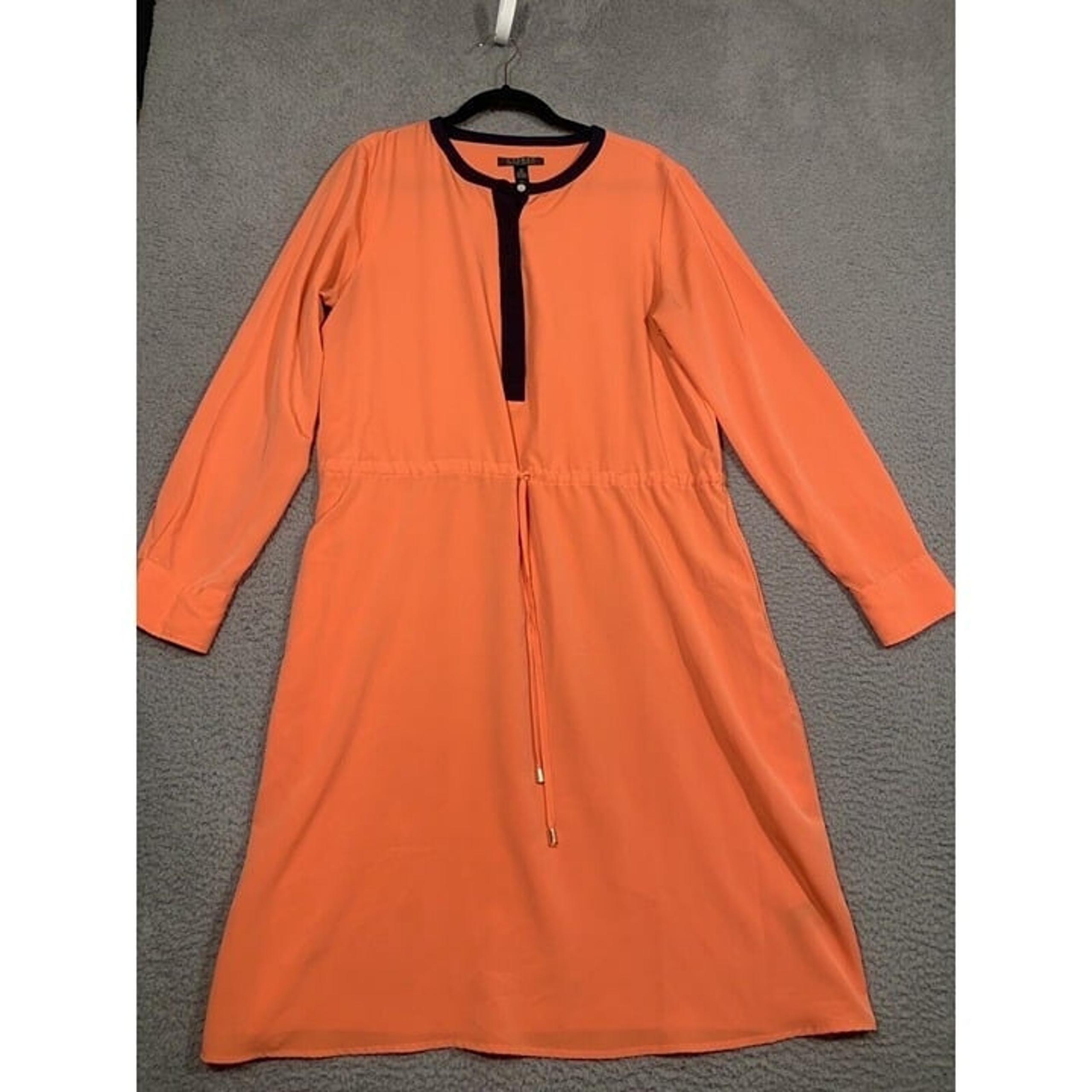 Lauren Ralph Lauren Orange Satin Dress Long Sleeve Cinch Tie Waist Size 14