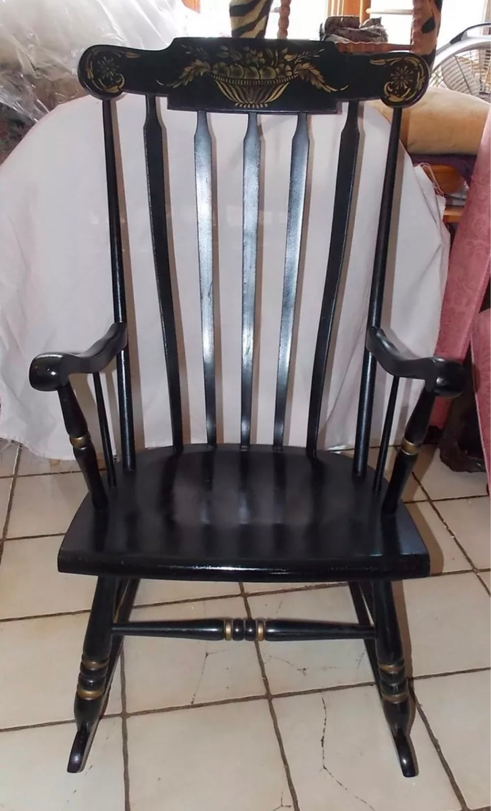 Black Lacquer Hand Painted Rocker / Rocking Chair by Tell City (R73)
