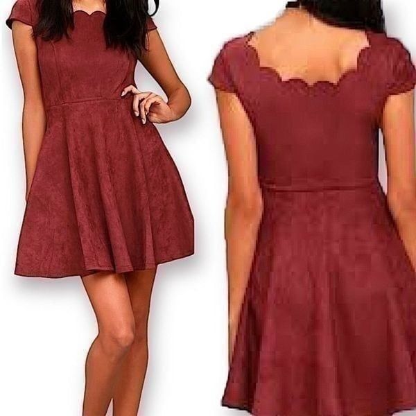 Lulus Dearest Dream Wine burgundy Red Suede scallop short sleeve Skater Dress S