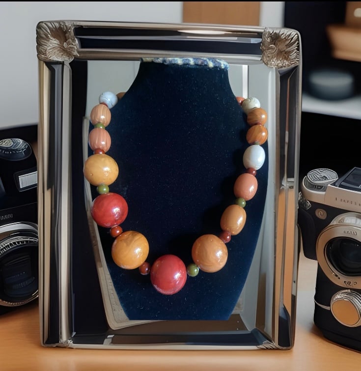 Lovely French Vintage Creator Graduated Necklace Orange Green Cherry Red &Cream