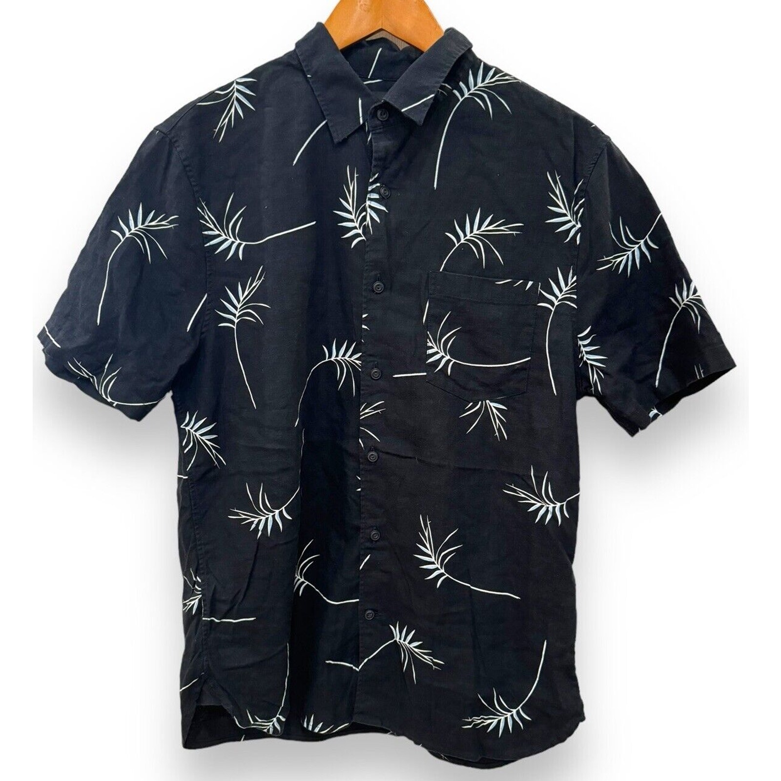 Vince Classic Fit Mens Willow Leaf Navy Blue Linen SS Button Up Hawaiian Shirt M