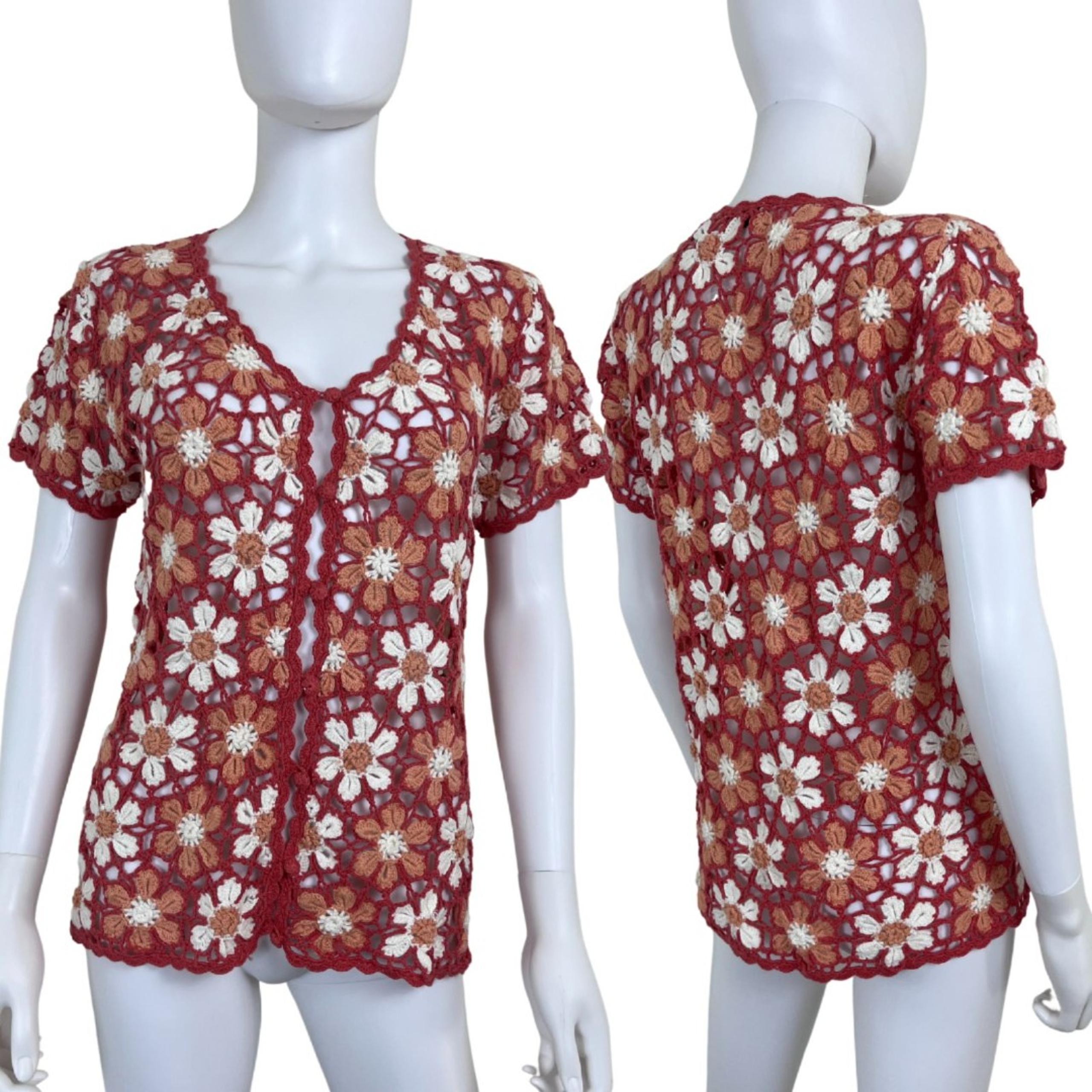 White Stag Women Size M Orange Floral Crochet Open Knit Cotton Cardigan NEW Top