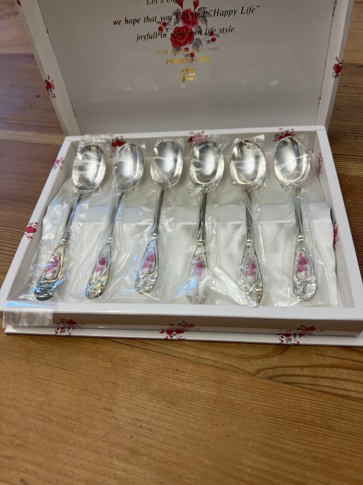 Set of 6 Stainless Steel and Ceramic Limoges Art Handle Small Spoons