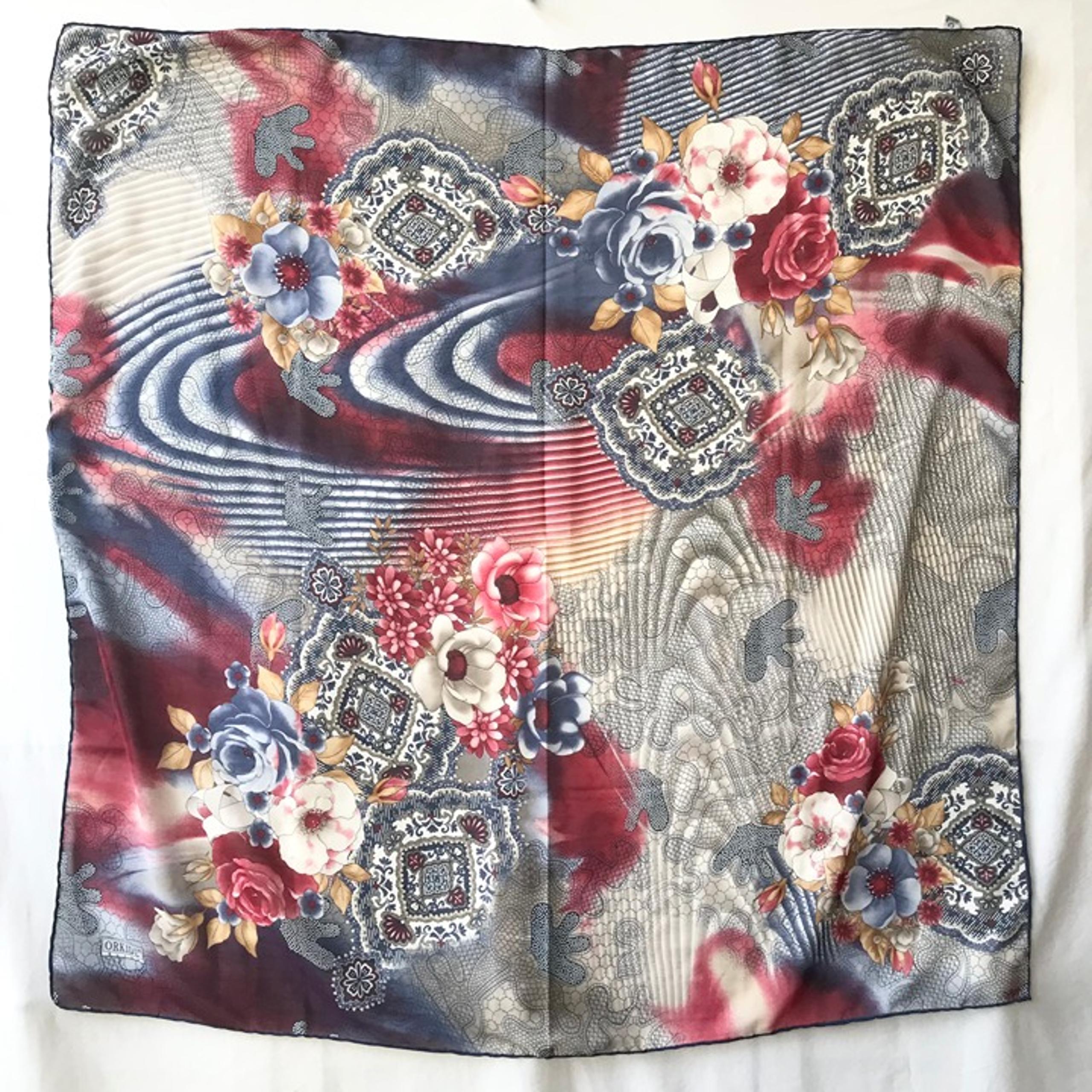 Vintage Orkide Red Roses Flower Paisley Scarf Shawl 36" X 36" Blue White Gold