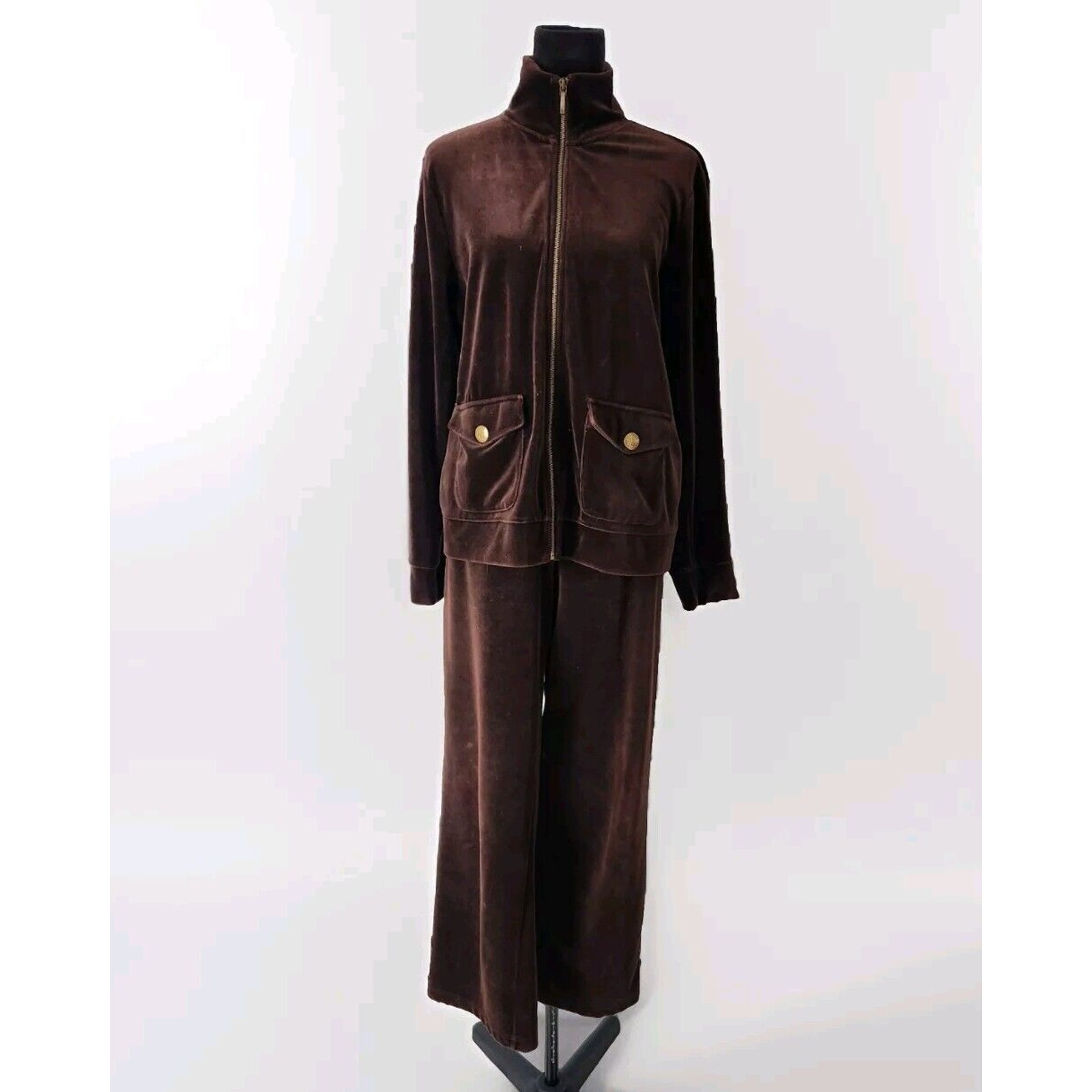 Lauren Ralph Lauren Womens Velour Warm Up Suit Comfort Brown Pockets Size L/XL
