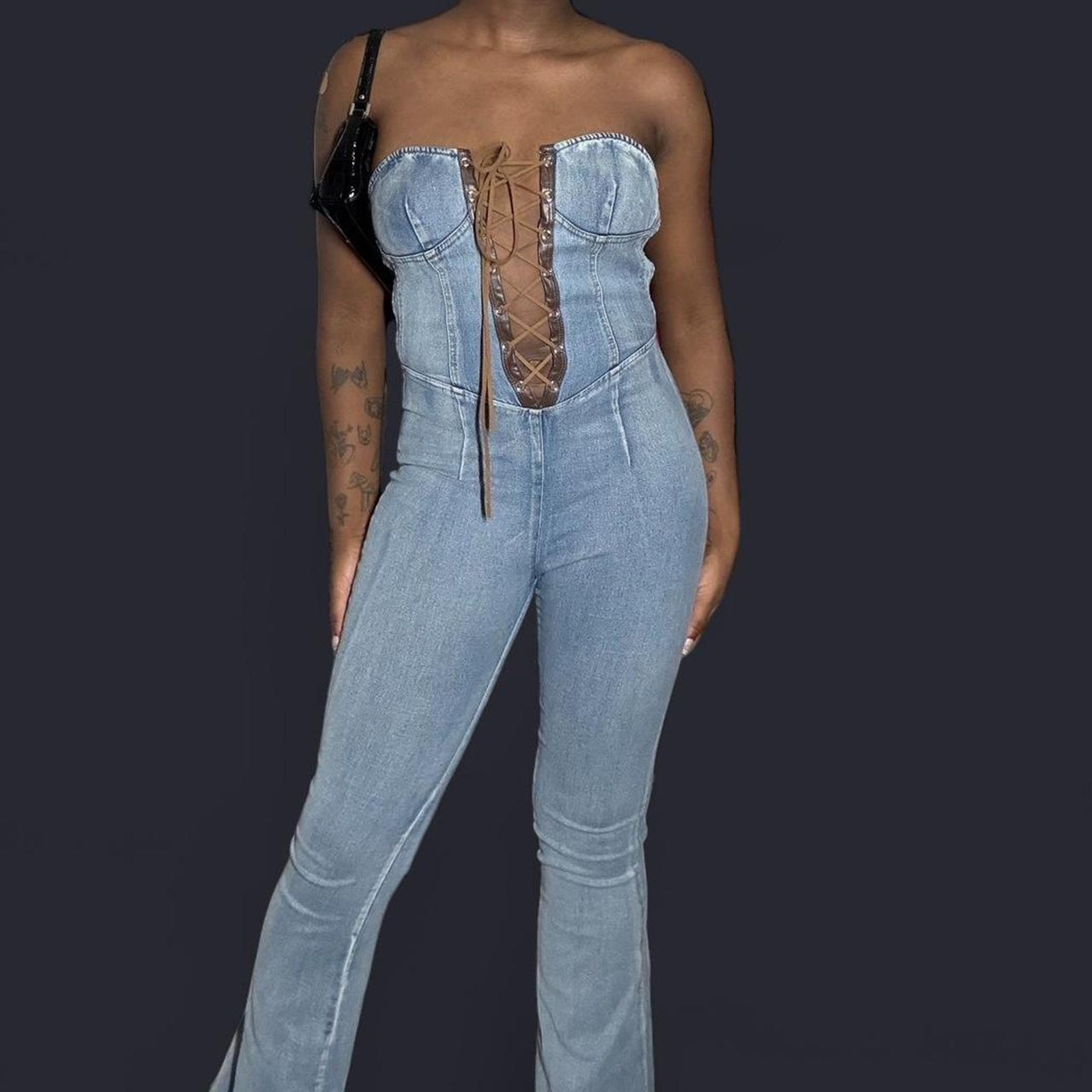 Blue stretchy denim jumpsuit with ties