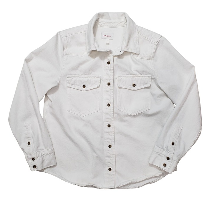 FRAME Boyfriend Denim Shirt Jacket Shacket White Womens L Normcore Oversized