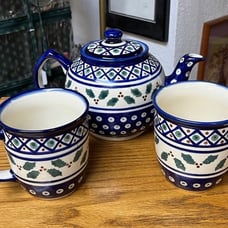 Pottery Beautiful handmade Polish teapot in cobalt blue decorated with cups