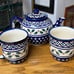 Pottery Beautiful handmade Polish teapot in cobalt blue decorated with cups