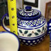 Pottery Beautiful handmade Polish teapot in cobalt blue decorated with cups