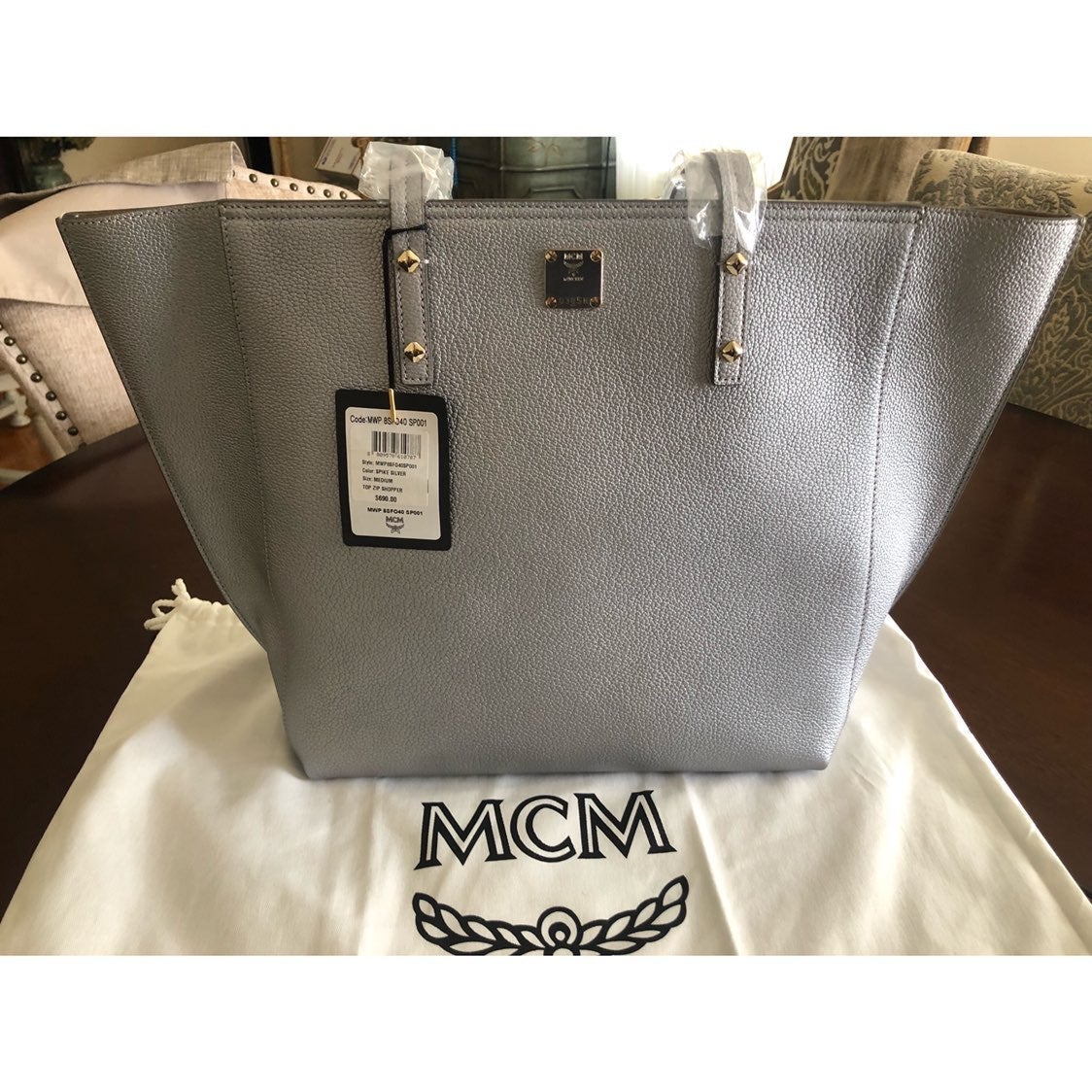 MCM Spike Silver Top Zip Shopper • NWT