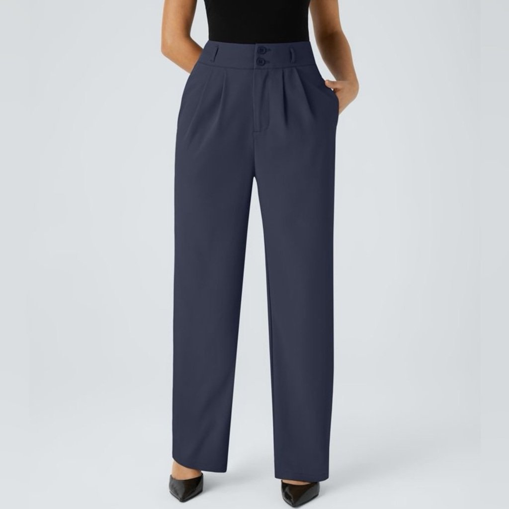 Halara High Waisted Button Zipper Side Pocket Shirred Straight Leg Work Pants