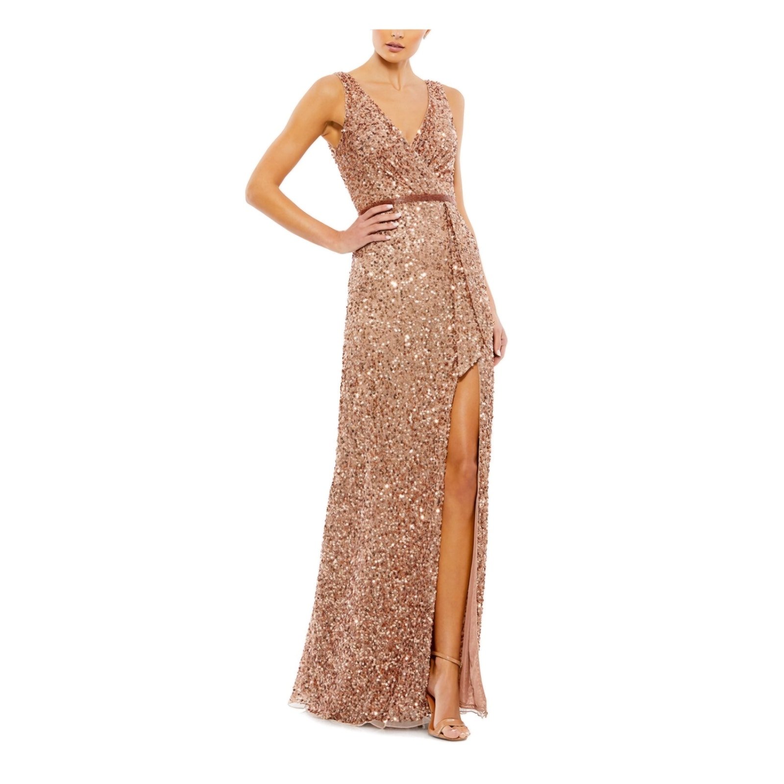 Mac Duggal V-Neck High Slit Sequined Wrap Gown 10