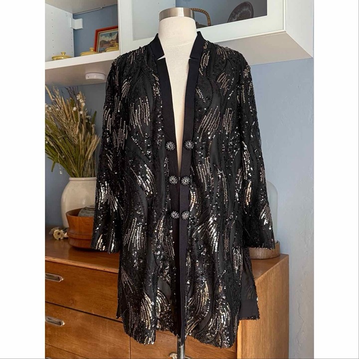 Misook Sequin Mesh Duster Jacket Black Gold Size PXL