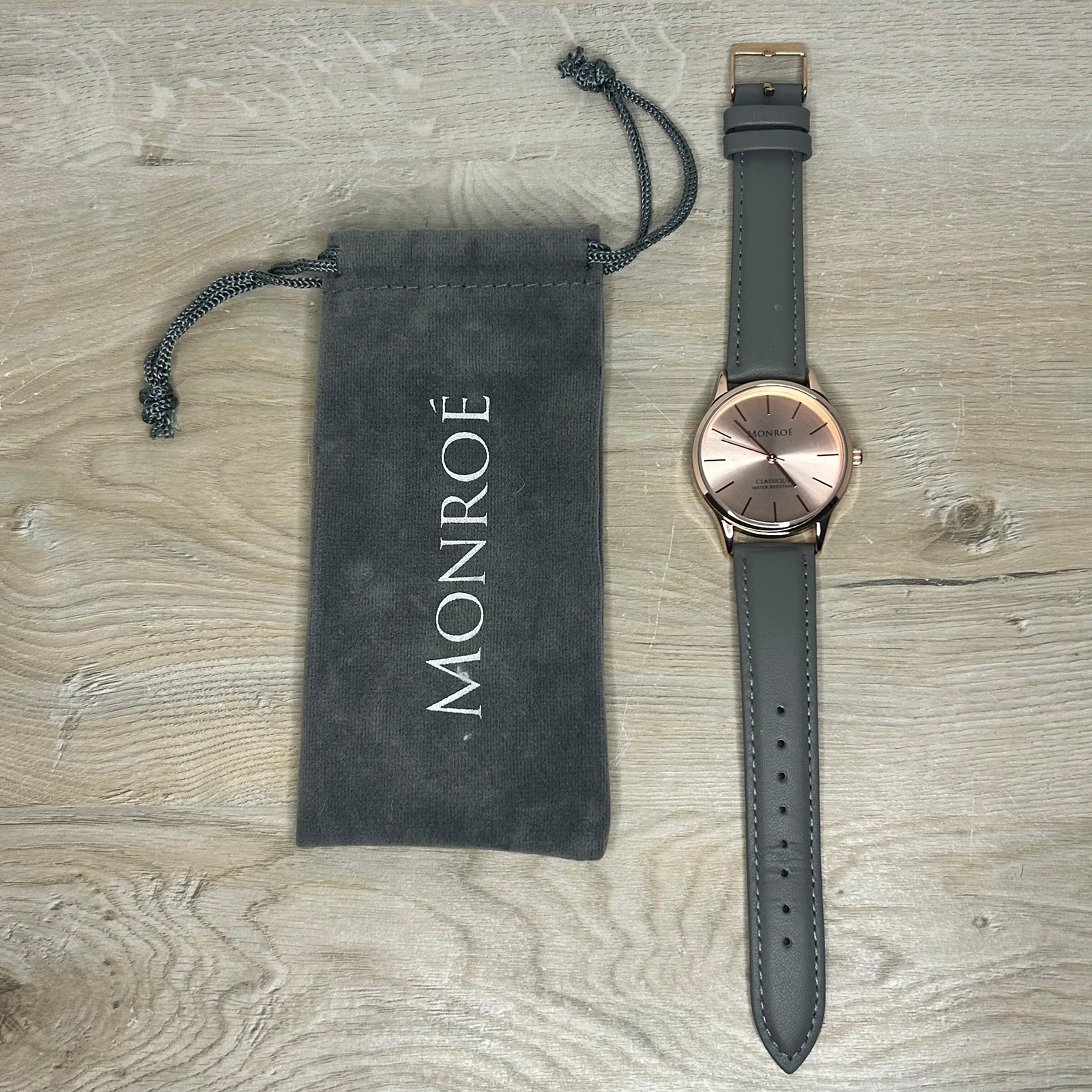 New Maestro Monroe Classique Watch Sunburst Solerose Gray Leather Rose Gold Pink
