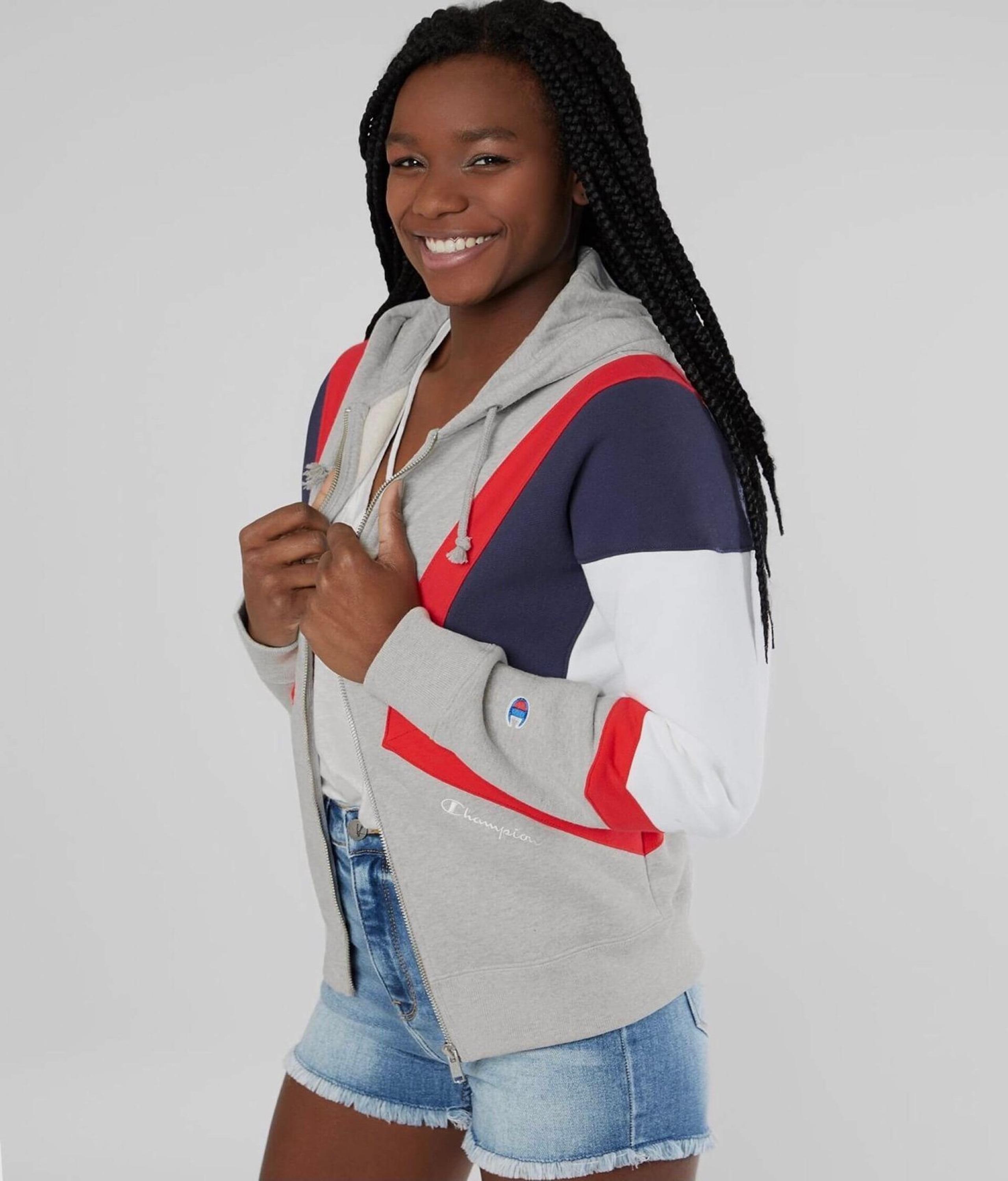 Champion Women Gray Colorblock Reverse Weave Heathered Zip Hooded Sweatshirt M