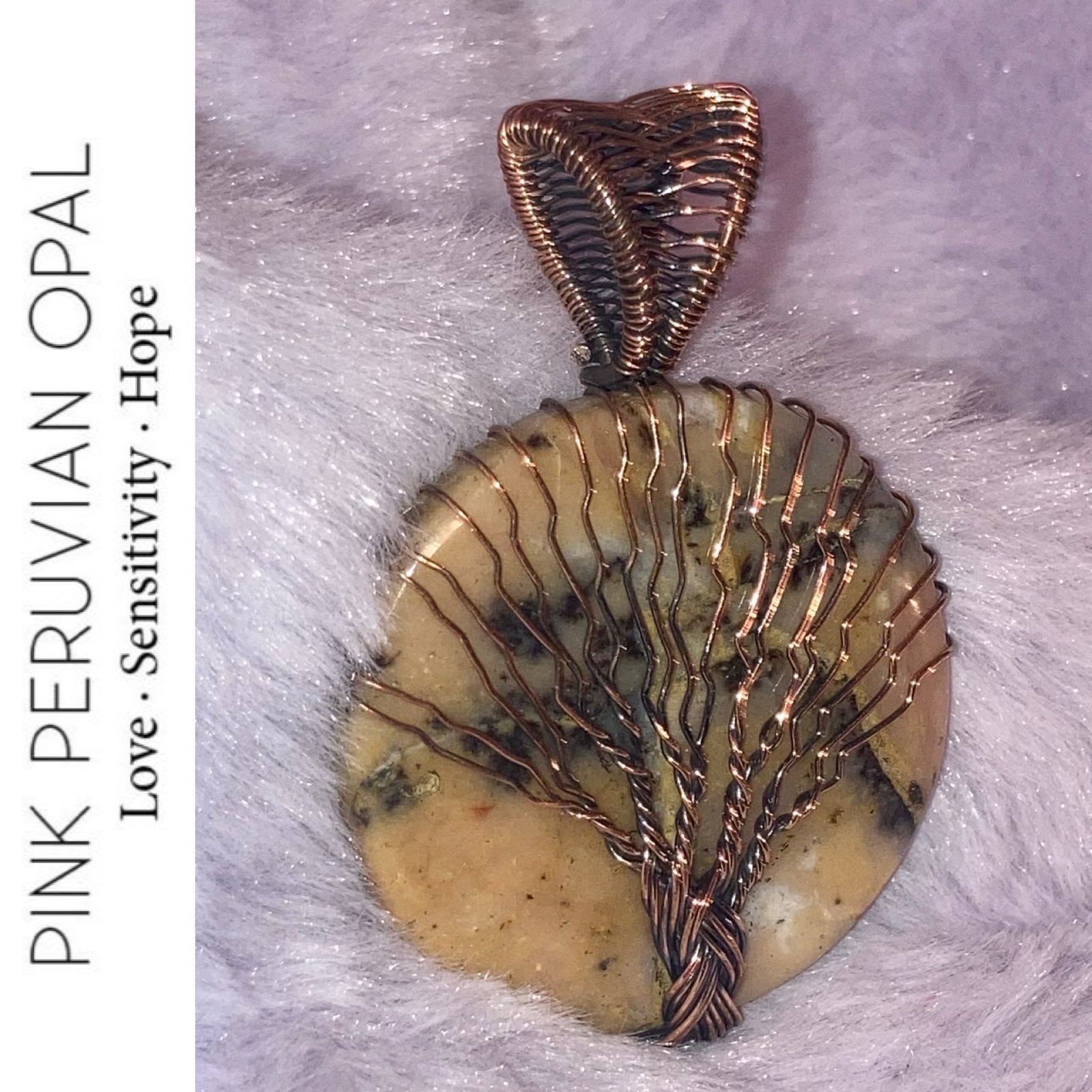 Pink Peruvian Opal Gemstone Copper Wire Wrapped Handmade Pendant