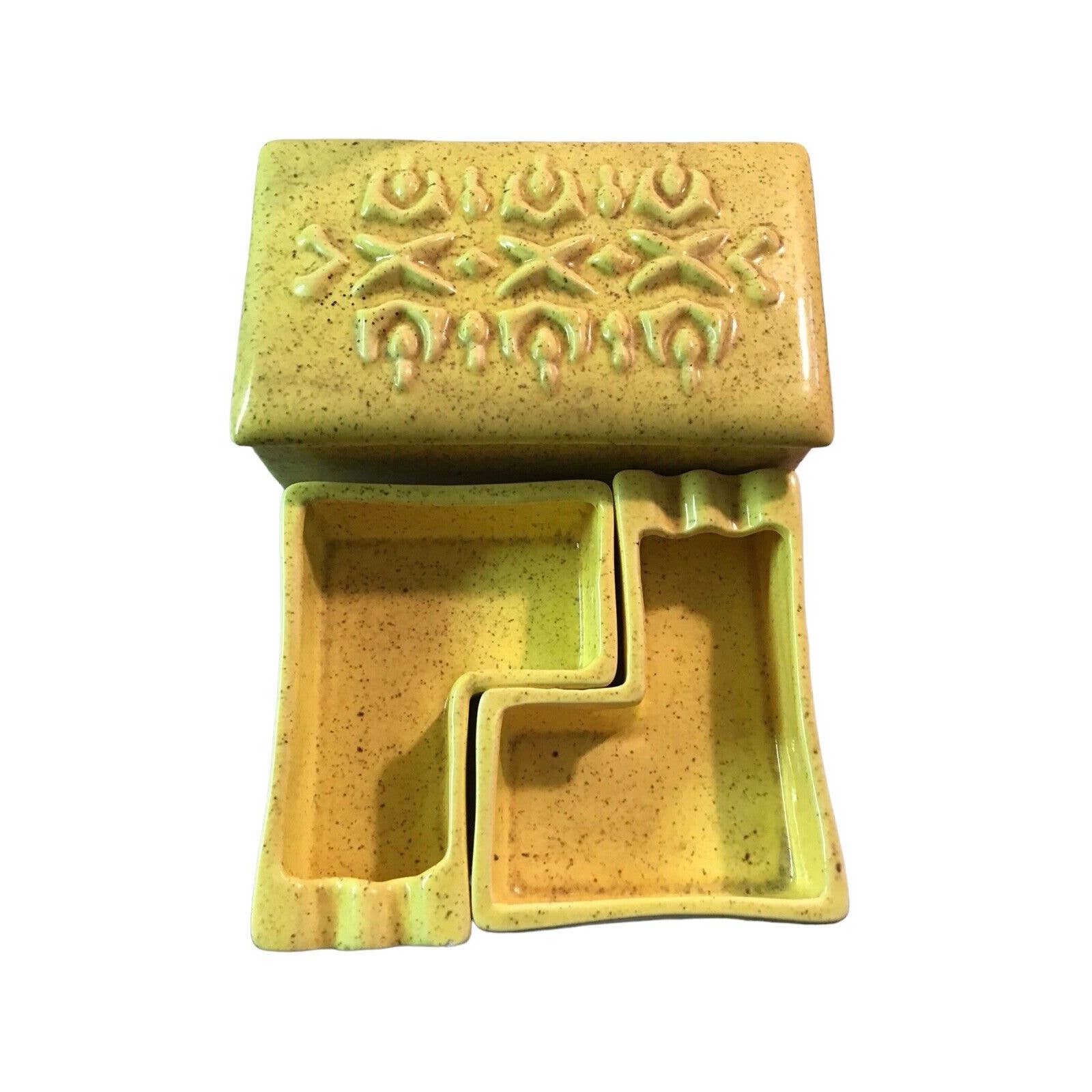 MCM Yellow Speckled Ceramic Ashtrays & Trinket or Cigarette Case.