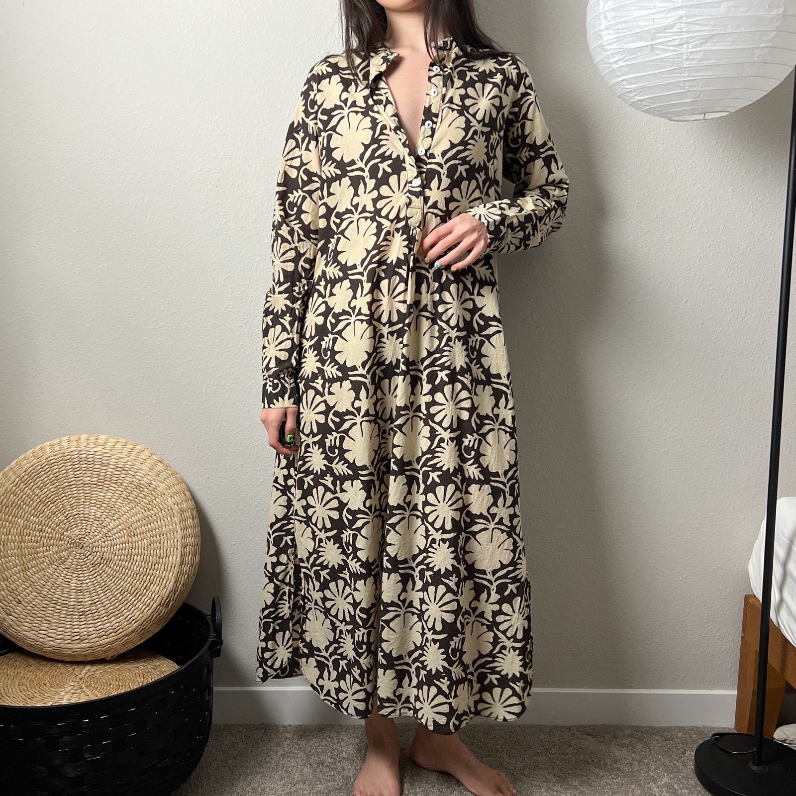 mille resort & travel brown floral cotton blockprint caftan shirt maxi dress