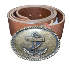Vintage Men’s Brown Leather Belt Brass Nautical Anchor Rope Buckle Size Med EUC