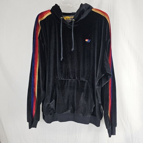 Aviator Nation Classic Velvet Stripe Pullover Hoodie Sweatshirt Women's Size Lg