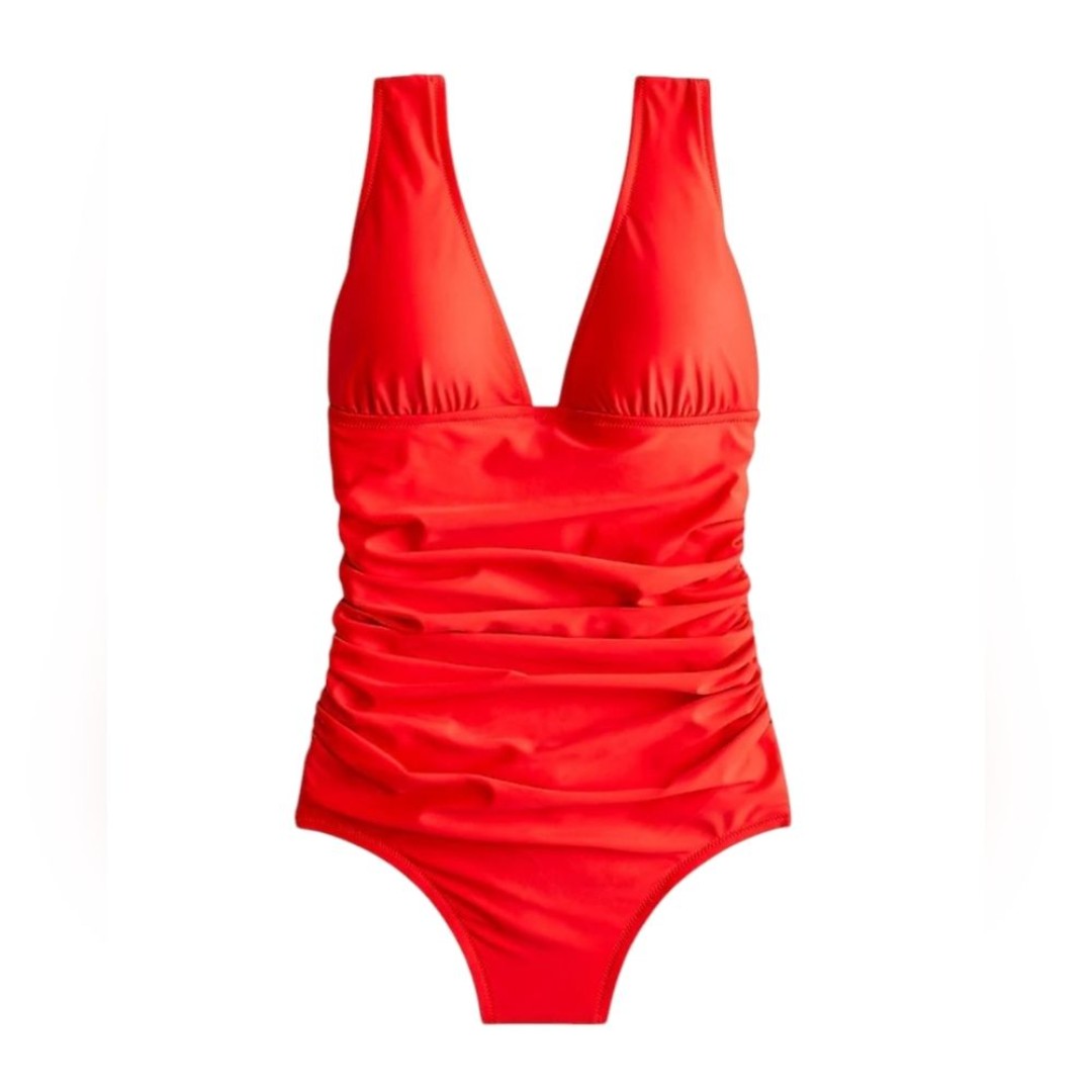 J. Crew Ruched Femme Reddish Orange Padded V-Neck One Piece Swimsuit Size 10