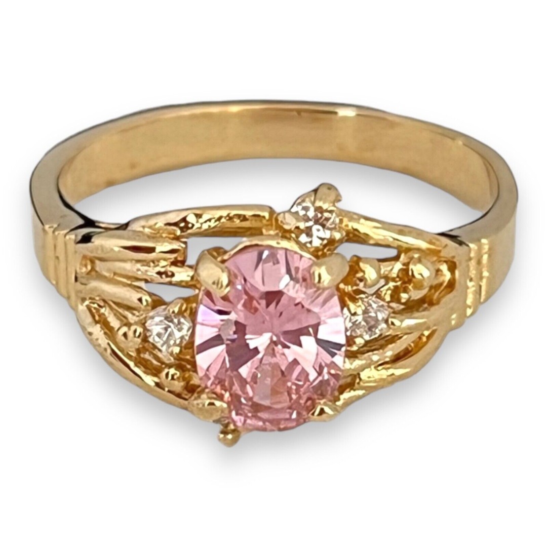 Vintage Ring Size 6 Pink Cubic Zirconia Cocktail 14K Gold Plate Mid-Century 14C